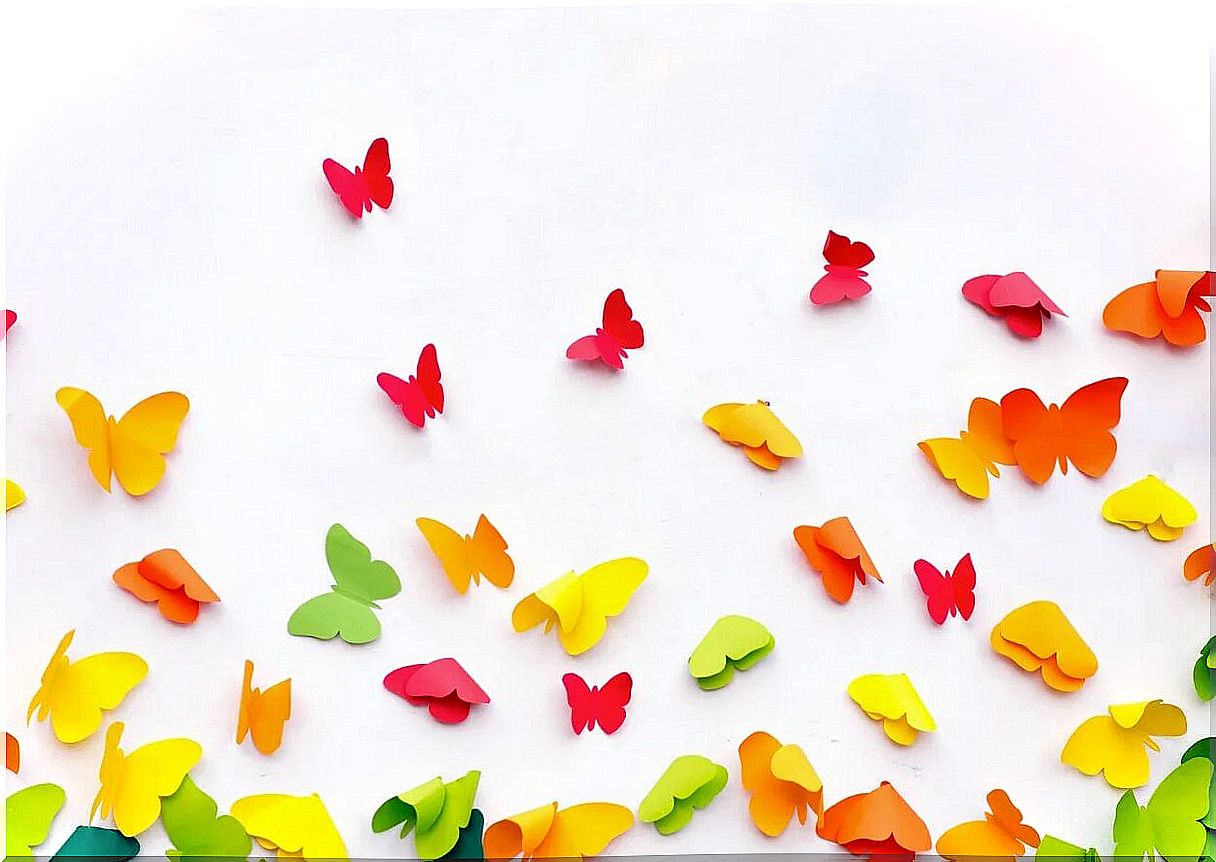 Colorful butterflies, one of the children's paper crafts.