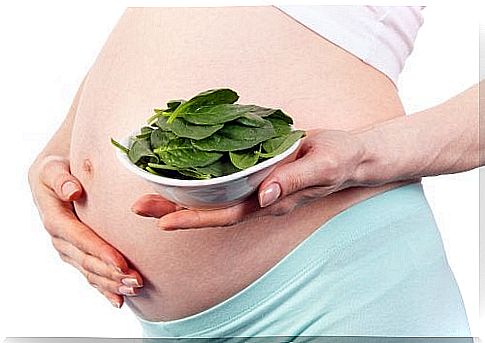 pregnant with a plate of spinach